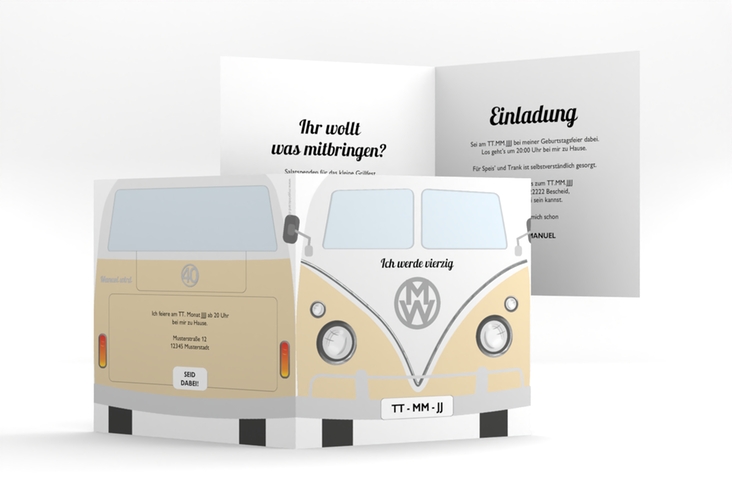 Einladung 40. Geburtstag Bulli Bus quadr. Klappkarte beige hochglanz