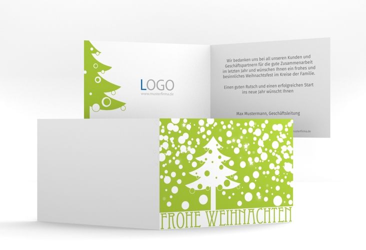 Geschäftliche Weihnachtskarte Schneeweiss A6 Klappkarte quer hochglanz mit Art Déco Schriftzug und Winterlandschaft