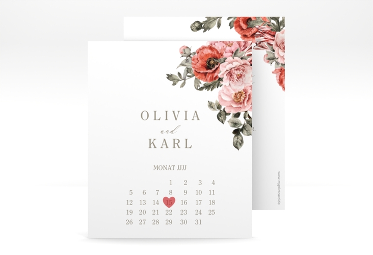 Save the Date-Kalenderblatt Grazioso Kalenderblatt-Karte modern mit Mohnblumen und Rosen