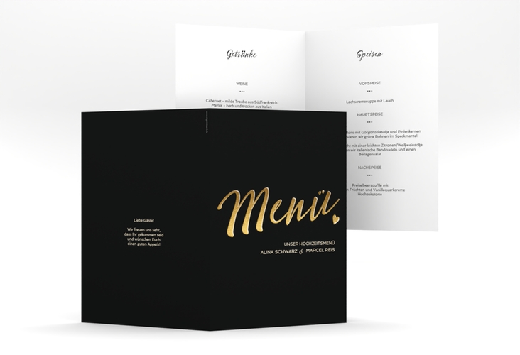 Menükarte Hochzeit Glam A5 Klappkarte hoch schwarz hochglanz