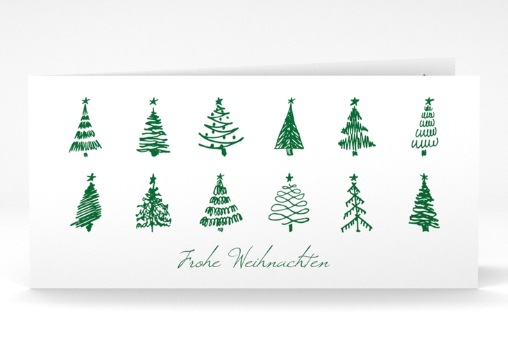 Geschäftliche Weihnachtskarte Weihnachtshain lange Klappkarte quer mit gezeichneten Tannenbäumen
