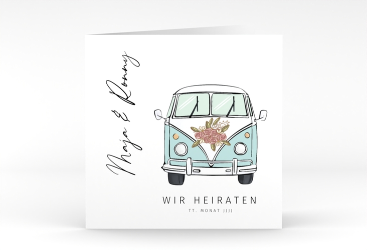 Hochzeitseinladung Hochzeitsbulli quadr. Klappkarte blau hochglanz