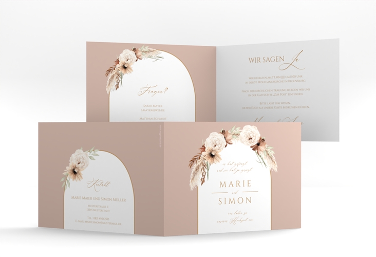 Hochzeitseinladung Blumenbogen A6 Klappkarte quer rosa