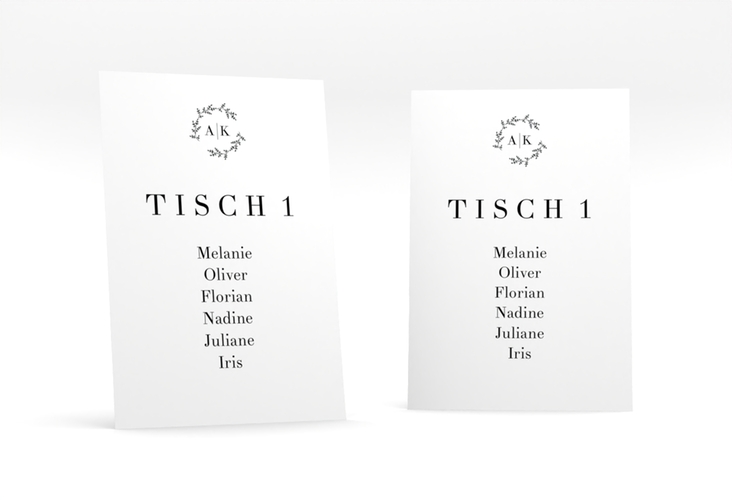 Tischaufsteller Hochzeit Filigrana Tischaufsteller schwarz in reduziertem Design mit Initialen und zartem Blätterkranz