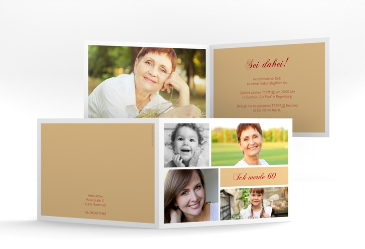 Einladung 60. Geburtstag Bilderserie A6 Klappkarte quer beige mit mehreren Fotos
