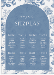 Sitzplan Leinwand Hochzeit Blue Floral 50 x 70 cm Leinwand blau mit blauem Blumenmuster auf weißem Grund