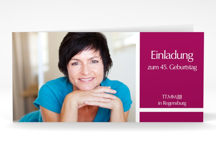 Einladung Geburtstag Gerd/Gerda lange Klappkarte quer pink hochglanz mit Foto