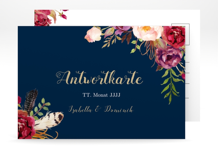 Antwortkarte Hochzeit Flowers A6 Postkarte blau hochglanz mit bunten Aquarell-Blumen