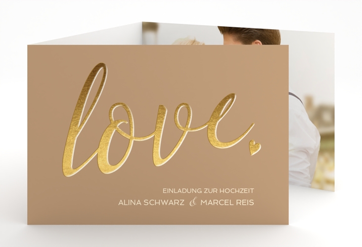 Hochzeitseinladung Glam A6 Doppel-Klappkarte beige hochglanz