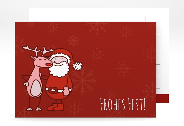 Weihnachtskarte Cartoon A6 Postkarte lustig mit Weihnachtsmann und Rentier Rudolf