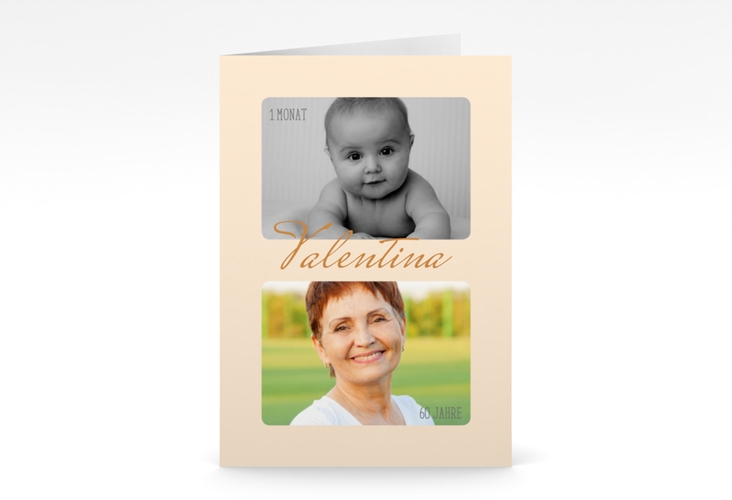 Einladung 60. Geburtstag Zeitlos A6 Klappkarte hoch beige hochglanz mit Damals- und Heute-Fotos