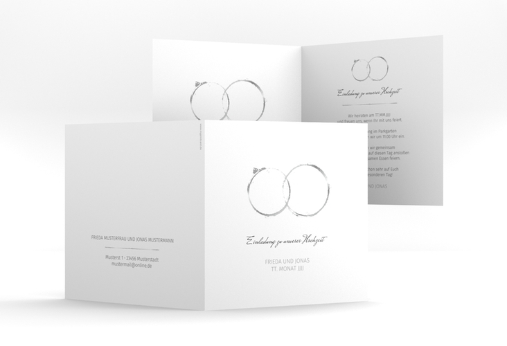 Hochzeitseinladung Trauringe quadr. Klappkarte grau hochglanz minimalistisch gestaltet mit zwei Eheringen