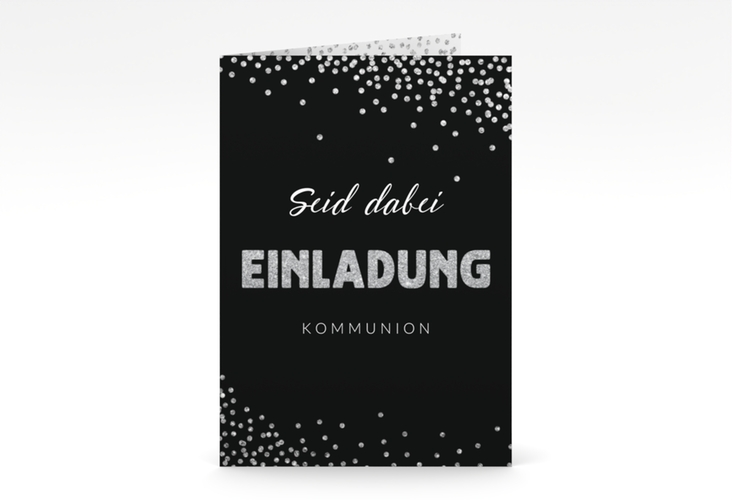 Kommunionseinladung Glittery A6 Klappkarte hoch grau hochglanz