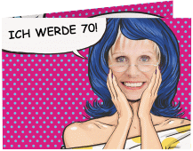 Einladung 70. Geburtstag Popart Woman A6 Klappkarte quer pink