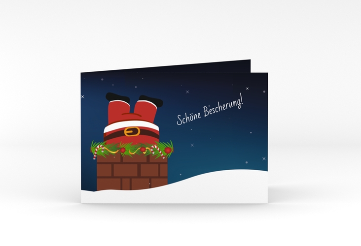 Weihnachtskarte Kamin A6 Klappkarte quer witzig mit Weihnachtsmann im Kamin