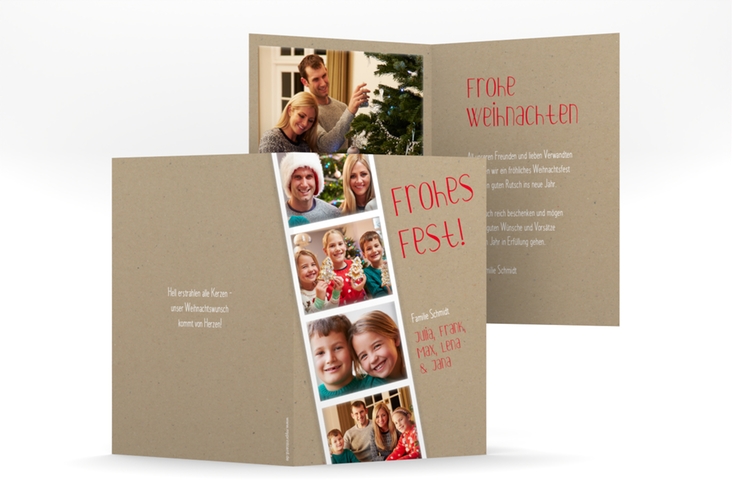 Weihnachtskarte Kostbarkeiten A6 Klappkarte hoch Kraftpapier hochglanz modern mit Fotostreifen