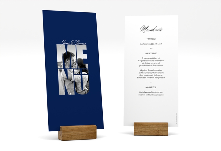 Menükarte Hochzeit Letters lange Karte hoch blau hochglanz