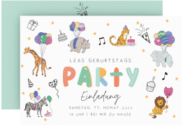 Einladungskarte Kindergeburtstag Partytier A6 Karte quer bunt mit lustigen Zootieren und Luftballons