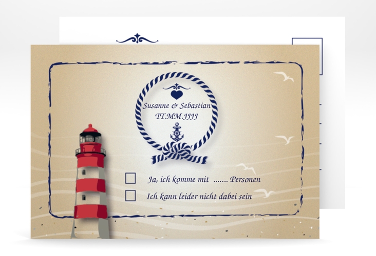 Antwortkarte Hochzeit Sylt A6 Postkarte braun mit Leuchtturm
