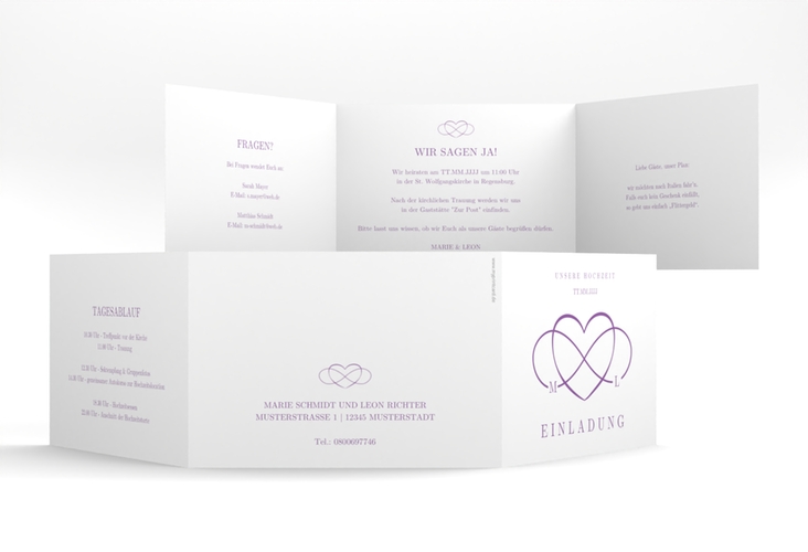 Hochzeitseinladung Infinity A6 Doppel-Klappkarte lila hochglanz