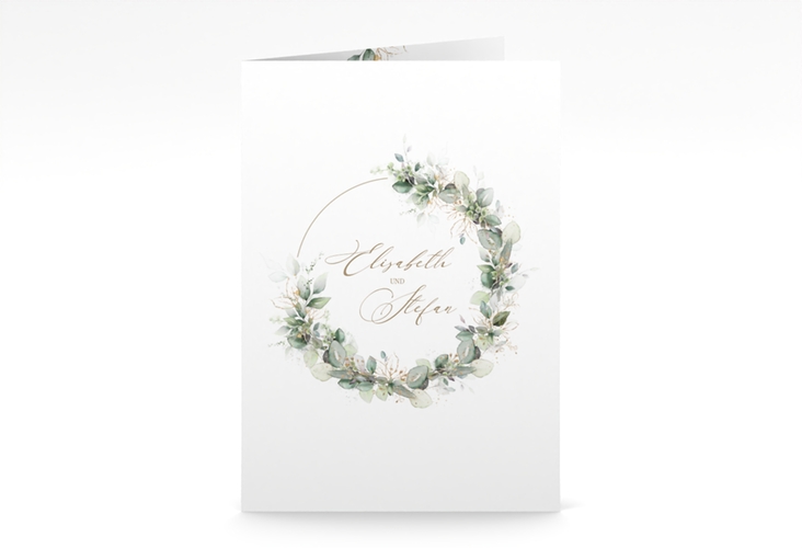 Menükarte Hochzeit Selvatica A5 Klappkarte hoch weiss hochglanz mit Eukalyptus-Kranz