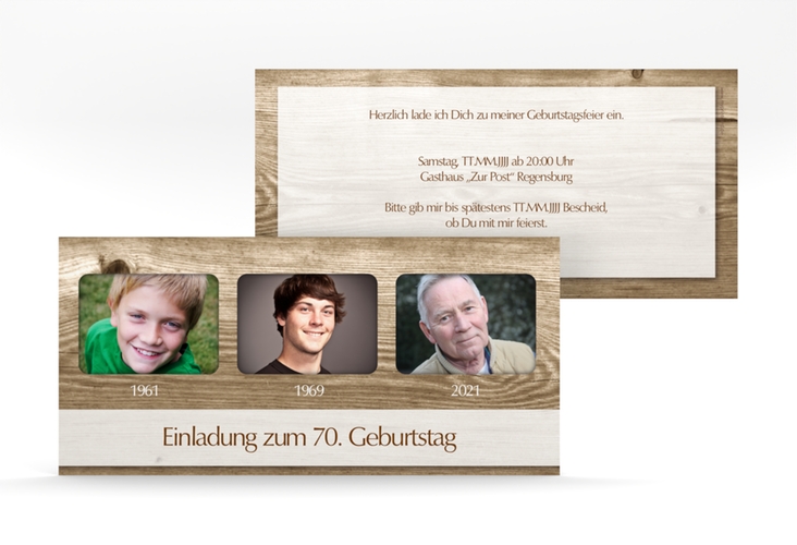 Einladung 70. Geburtstag Michael/Michaela lange Karte quer hochglanz im rustikalen Holz-Design mit Foto
