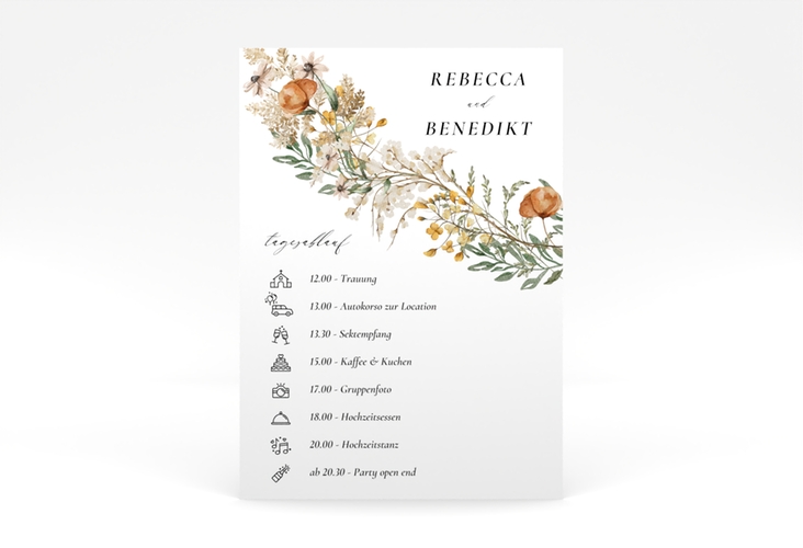 Tagesablauf Poster Hochzeit Wildfang 50 x 70 cm Poster weiss mit getrockneten Wiesenblumen