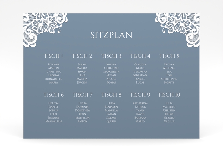 Sitzplan Poster Hochzeit Vintage 70 x 50 cm Poster blau mit floraler Spitze