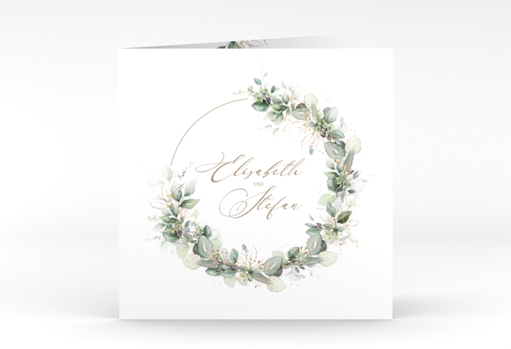 Hochzeitseinladung Selvatica quadr. Klappkarte weiss mit Eukalyptus-Kranz