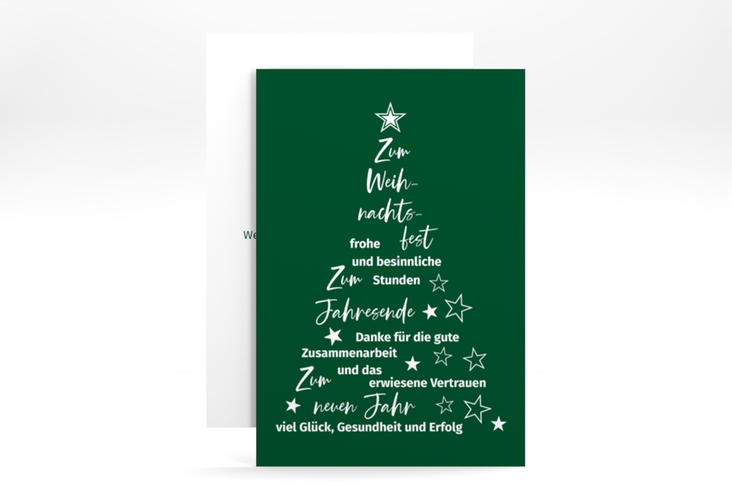 Geschäftliche Weihnachtskarte Oh Tannenbaum A6 Karte hoch gruen mit Weihnachtsbaum aus Glückwünschen und Sternen