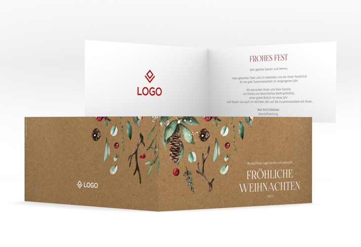 Geschäftliche Weihnachtskarte Weihnachtsgrüße lange Klappkarte quer Kraftpapier hochglanz mit modernem Pflanzen-Dekor