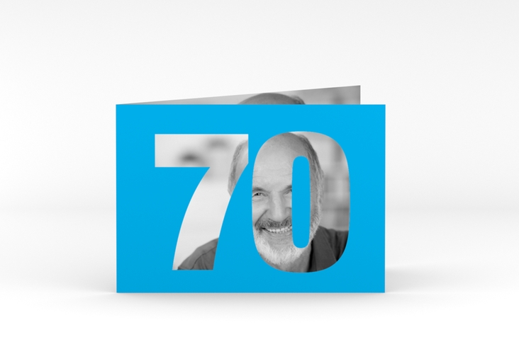 Einladung 70. Geburtstag Numbers A6 Klappkarte quer blau hochglanz