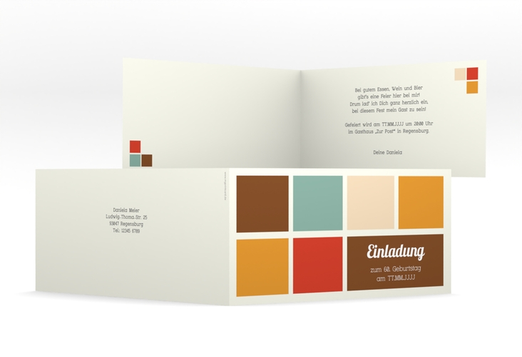 Einladung 60. Geburtstag Daniel/Daniela lange Klappkarte quer in Retro-Farben