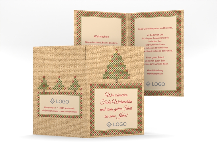 Geschäftliche Weihnachtskarte Stickerei A6 Klappkarte hoch rot in Jute-Optik mit aufgesticktem Christbaum