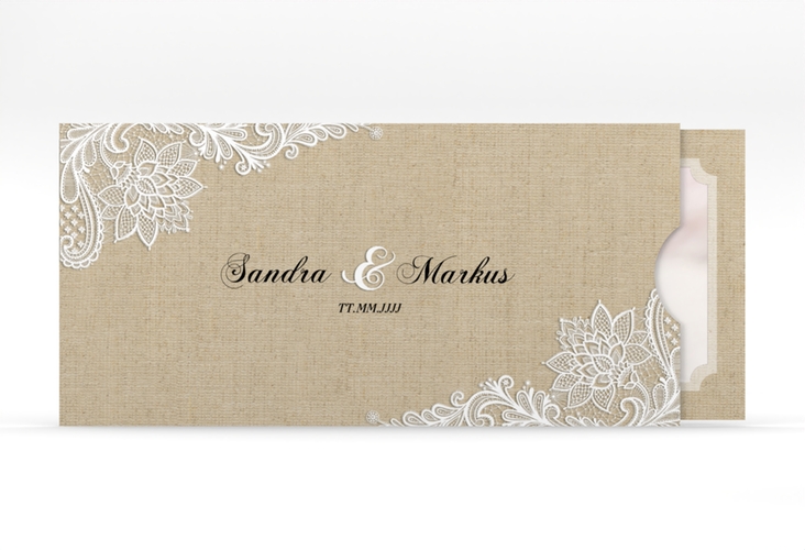 Hochzeitseinladung Lace Einsteckkarte beige in Leinen-Optik mit weißer Spitze