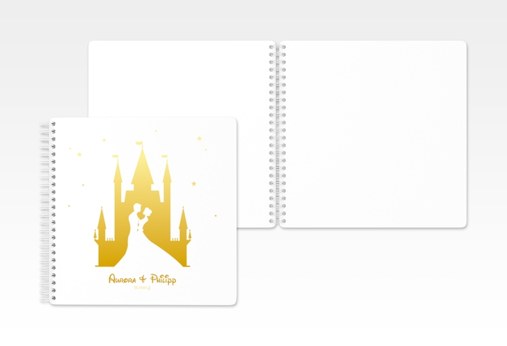 Gästebuch Hochzeit Castle Ringbindung gold mit Silhouette von Märchenschloss mit Prinz und Prinzessin