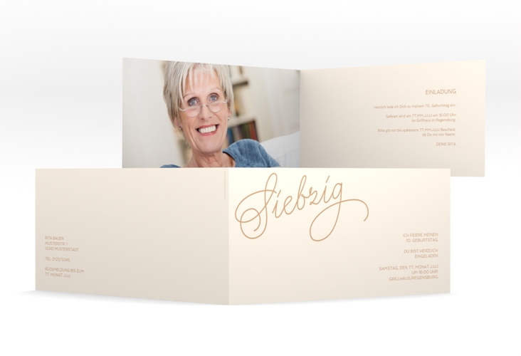 Einladung 70. Geburtstag Schwungvoll lange Klappkarte quer beige