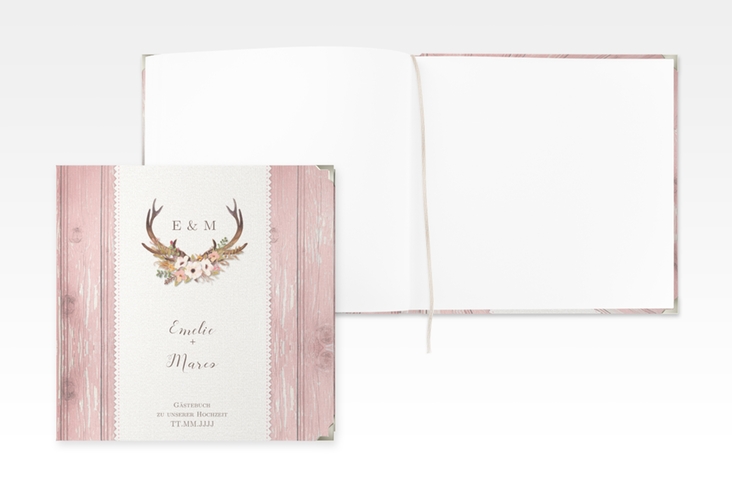 Gästebuch Selection Hochzeit Heimatjuwel Leinen-Hardcover rosa mit Hirschgeweih und Holz-Hintergrund