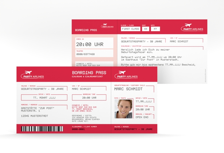 Einladung 30. Geburtstag Boardingpass lange Karte quer rot hochglanz im Flugticket-Design