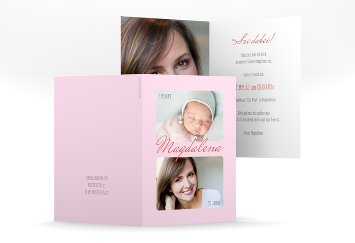 Einladung Geburtstag Zeitlos A6 Klappkarte hoch rosa mit Damals- und Heute-Fotos