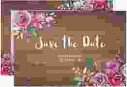 Save the Date-Karte Flourish A6 Karte quer braun mit floraler Bauernmalerei auf Holz