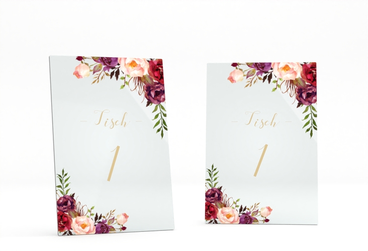 Tischnummer Acryl Hochzeit Flowers Tischaufsteller Acryl lila mit bunten Aquarell-Blumen