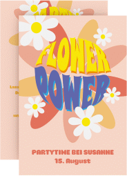 Party Einladung Flowerpower A6 Karte hoch bunt mit Margeriten im Retro-Stil der 70er