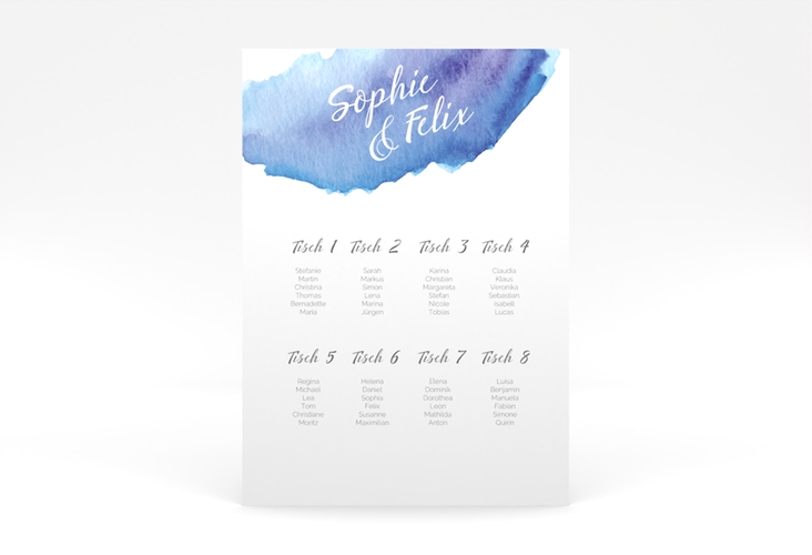Sitzplan Poster Hochzeit Aquarella 50 x 70 cm Poster blau