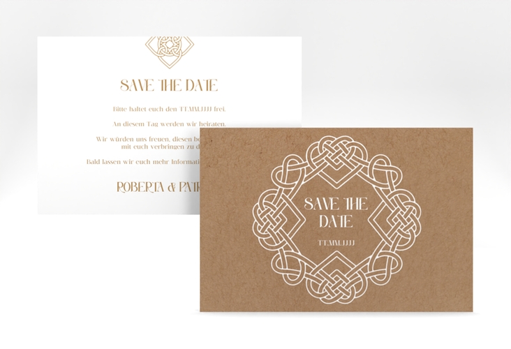 Save the Date-Karte Herzknoten A6 Karte quer Kraftpapier mit Goldrahmen und roten Herzen