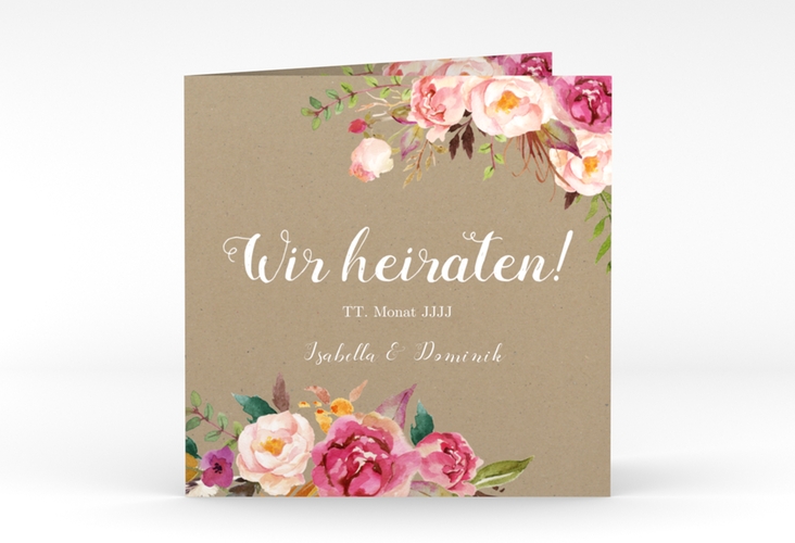 Hochzeitseinladung Flowers quadr. Klappkarte Kraftpapier mit bunten Aquarell-Blumen