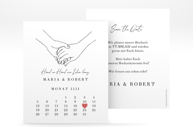 Save the Date-Kalenderblatt Hands Kalenderblatt-Karte mit sich haltenden Händen im Monoline-Stil