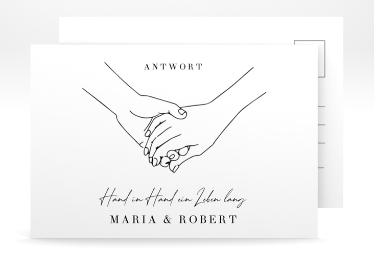 Antwortkarte Hochzeit Hands A6 Postkarte weiss mit sich haltenden Händen im Monoline-Stil