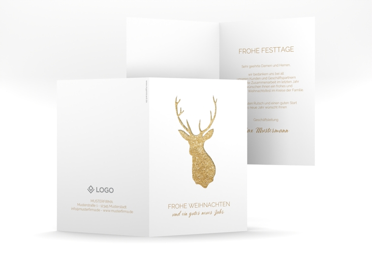 Business-Weihnachtskarte Deer A6 Klappkarte hoch gold hochglanz und weiß mit Reh-Kopf
