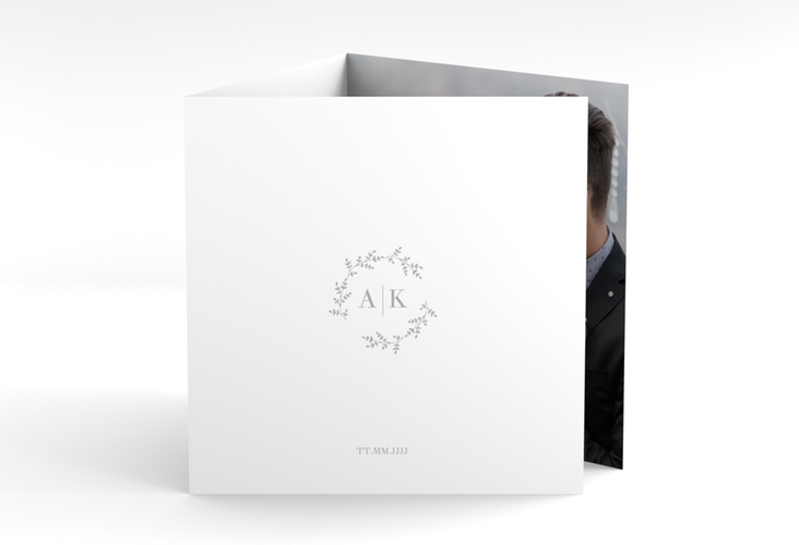 Dankeskarte Hochzeit Filigrana quadr. Doppel-Klappkarte grau in reduziertem Design mit Initialen und zartem Blätterkranz
